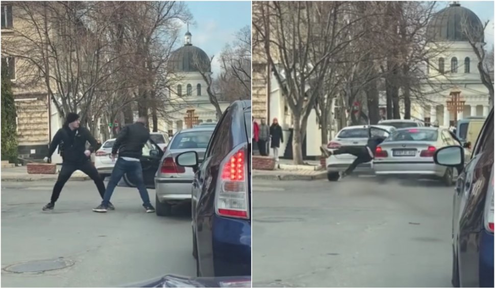 Momentul în care un pieton și un șofer s-au luat la bătaie chiar în fața bisericii, în Chișinău