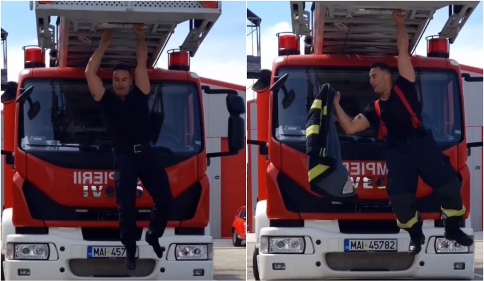 Imagini inedite cu un pompier din Argeș care se echipează în timp ce stă agățat de scară