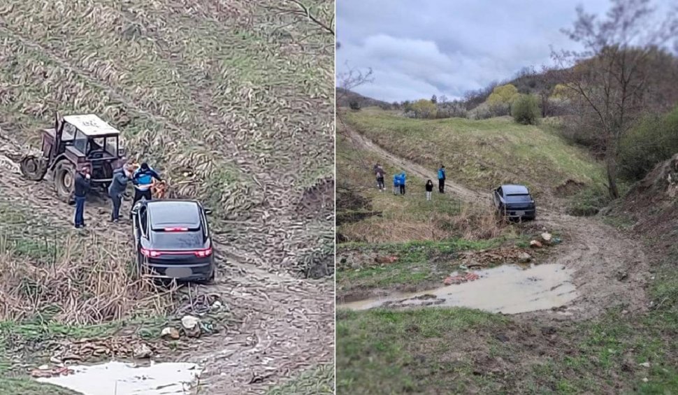 Mașină de lux, blocată în noroi, pe un drum forestier din Buzău. Familia cu trei copii, salvată de jandarmi și voluntari