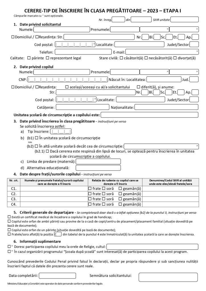 Model de cerere pentru înscrierea la clasa pregătitoare. Din 3 mai încep înscrierile copiilor la şcoală 831583
