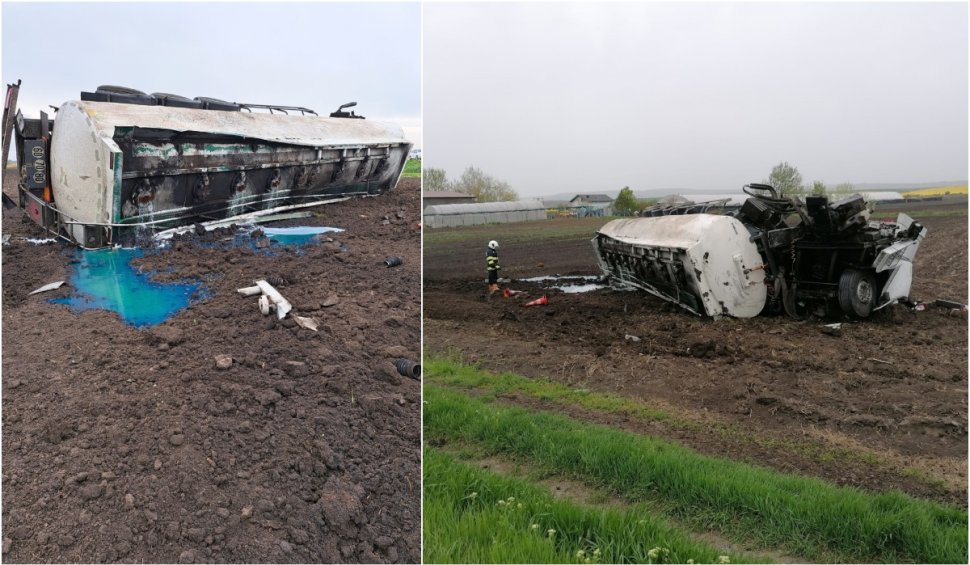 Pericol de explozie în județul Neamț: O cisternă încărcată cu motorină s-a răsturnat pe DN 2