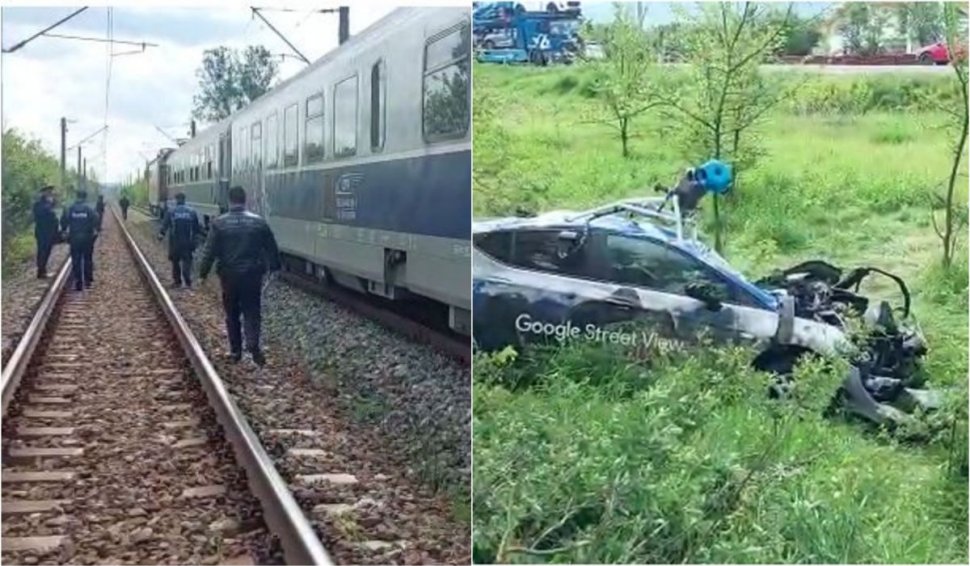 O maşină Google Street View, aruncată de tren la 30 de metri pe câmp, după ce şoferul nu a oprit la trecerea cu calea ferată, în Butoiești