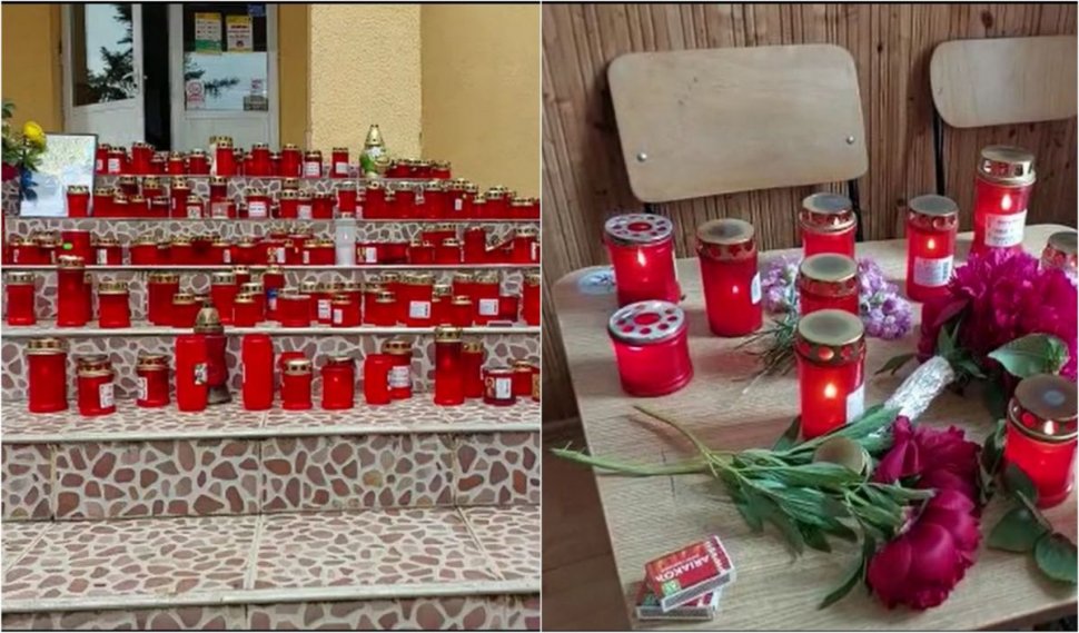 Altar de lumânări şi flori în banca Laurei, fata moartă în accidentul din Mehedinţi. Avea bursă şi voia să urmeze Şcoala de Poliţie