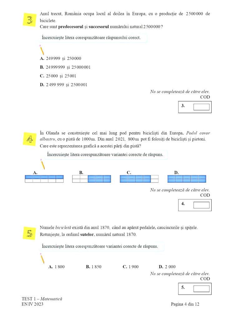Subiectele la Matematică pentru Evaluare Naţională 2023, clasa a IV-a, au fost publicate 834532