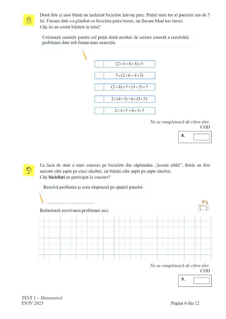 Subiectele la Matematică pentru Evaluare Naţională 2023, clasa a IV-a, au fost publicate 834540