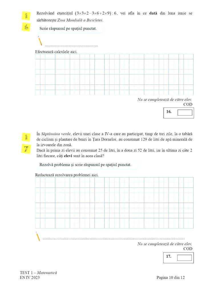 Subiectele la Matematică pentru Evaluare Naţională 2023, clasa a IV-a, au fost publicate 834542