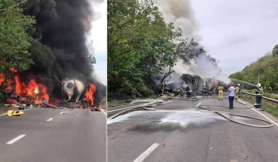Incendiu şi pericol de explozie după un accident pe Centura Bucureşti în care a fost implicată o cisternă