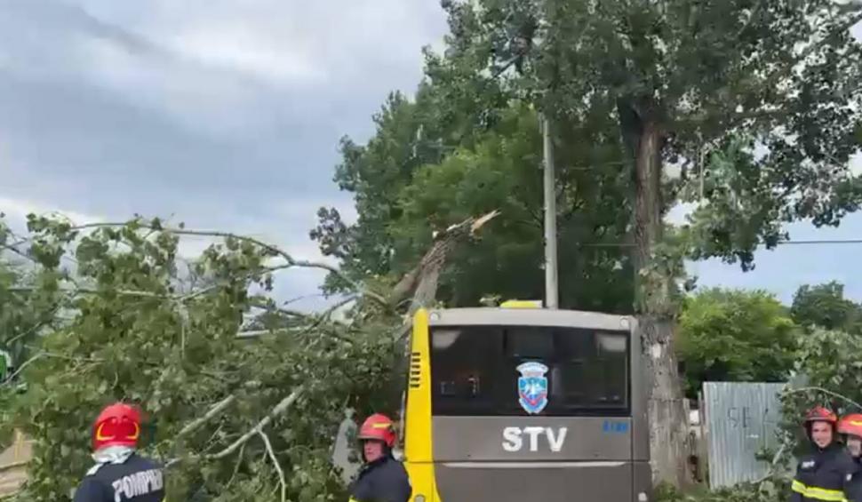 Un copac a căzut peste un autobuz în București. Pompierii intervin la fața locului 835182