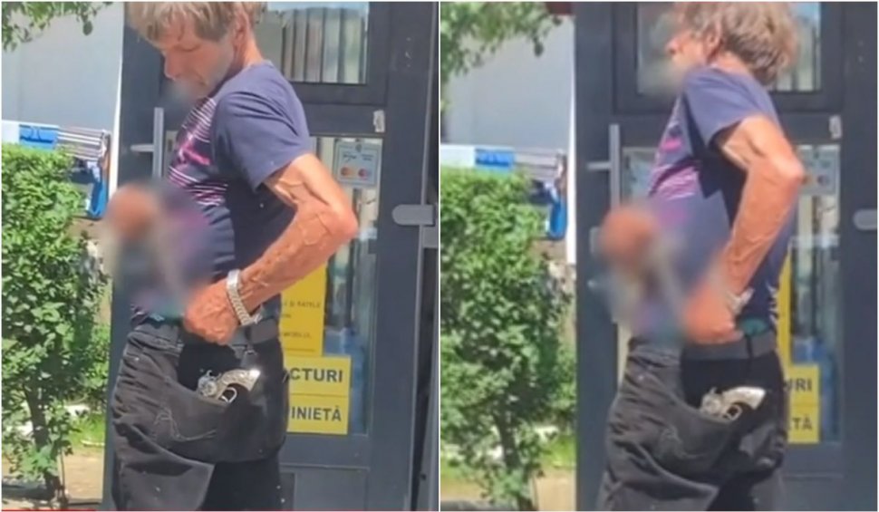 Panică în benzinărie! Imagini surprinse cu "Chuck Norris" înarmat cu un cuţit şi un pistol, în Sighetu Marmaţiei | Ce amendă a primit