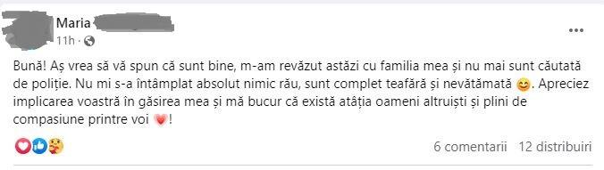Primul mesaj transmis de Maria, studenta din Iaşi, care a fost găsită în Republica Moldova după 14 zile de când a plecat de acasă 835915