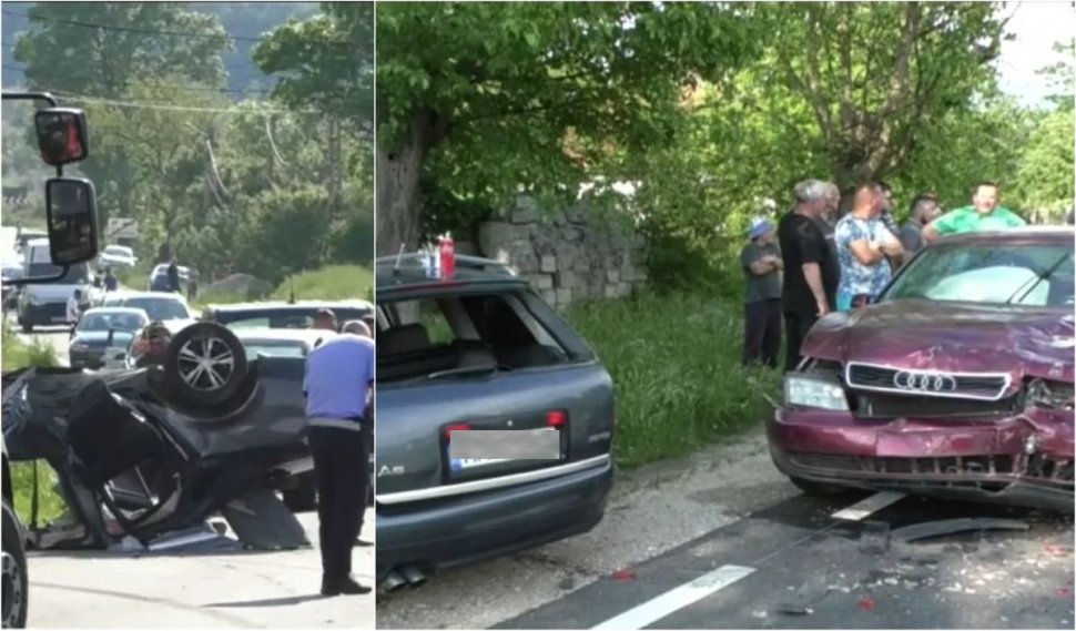 Accident cu opt victime şi maşini făcute zob, după o depăşire riscantă în comuna mehedințeană Șișești