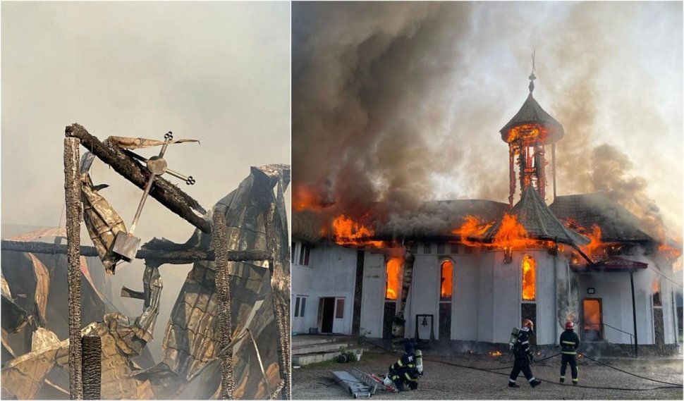 O biserică şi un corp de chilii de la o mânăstire din Suceava, cuprinse de flăcări