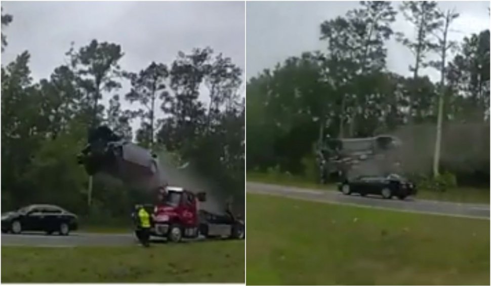 Accident uluitor pe o şosea din SUA: Momentul în care o maşină a zburat peste 30 de metri!