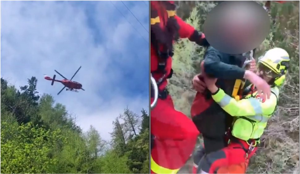 Intervenţie dificilă a salvatorilor montani în Bucegi! Un turist blocat pe Valea Caraimanului, recuperat cu un elicopter care l-a ridicat cu troliul 
