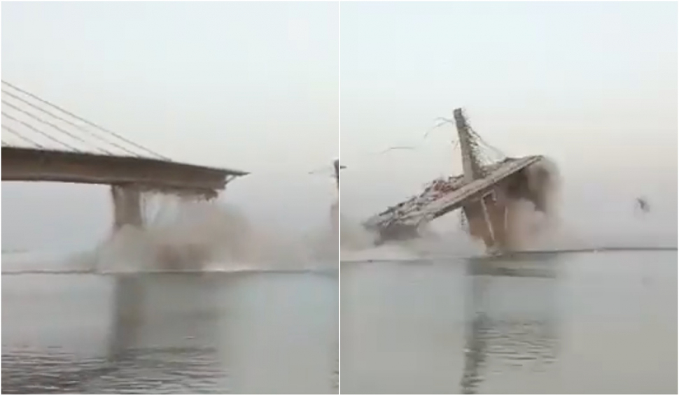 Momentul în care un pod gigantic se prăbușește pentru a doua oară, în India. Construcția a costat peste 200 de milioane de dolari 