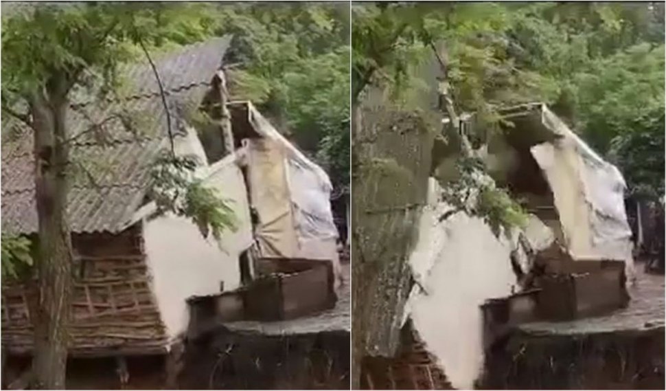 Momentul în care o casă se prăbuşeşte la inundaţii, în Dolj. Pârâul a ieşit din matcă şi un pod improvizat s-a rupt