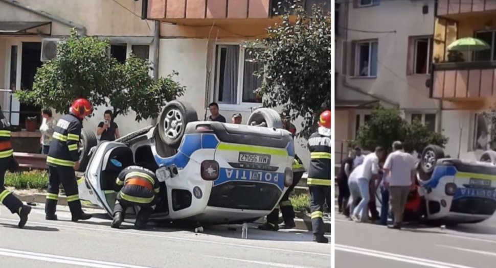 O maşină de poliţie aflată în misiune s-a răsturnat, la Sighişoara