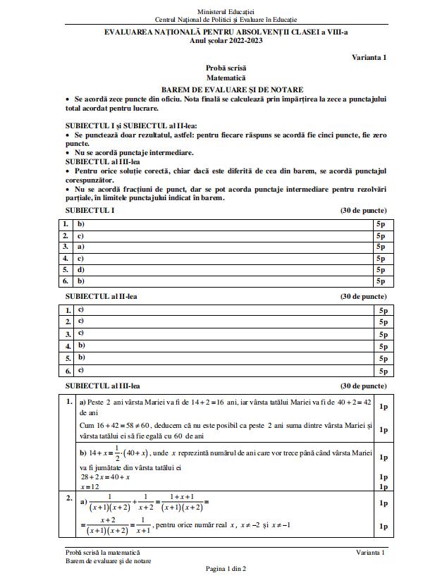 Baremul de corectare pentru proba de Matematică de la Evaluarea Națională 2023, publicat oficial 841733