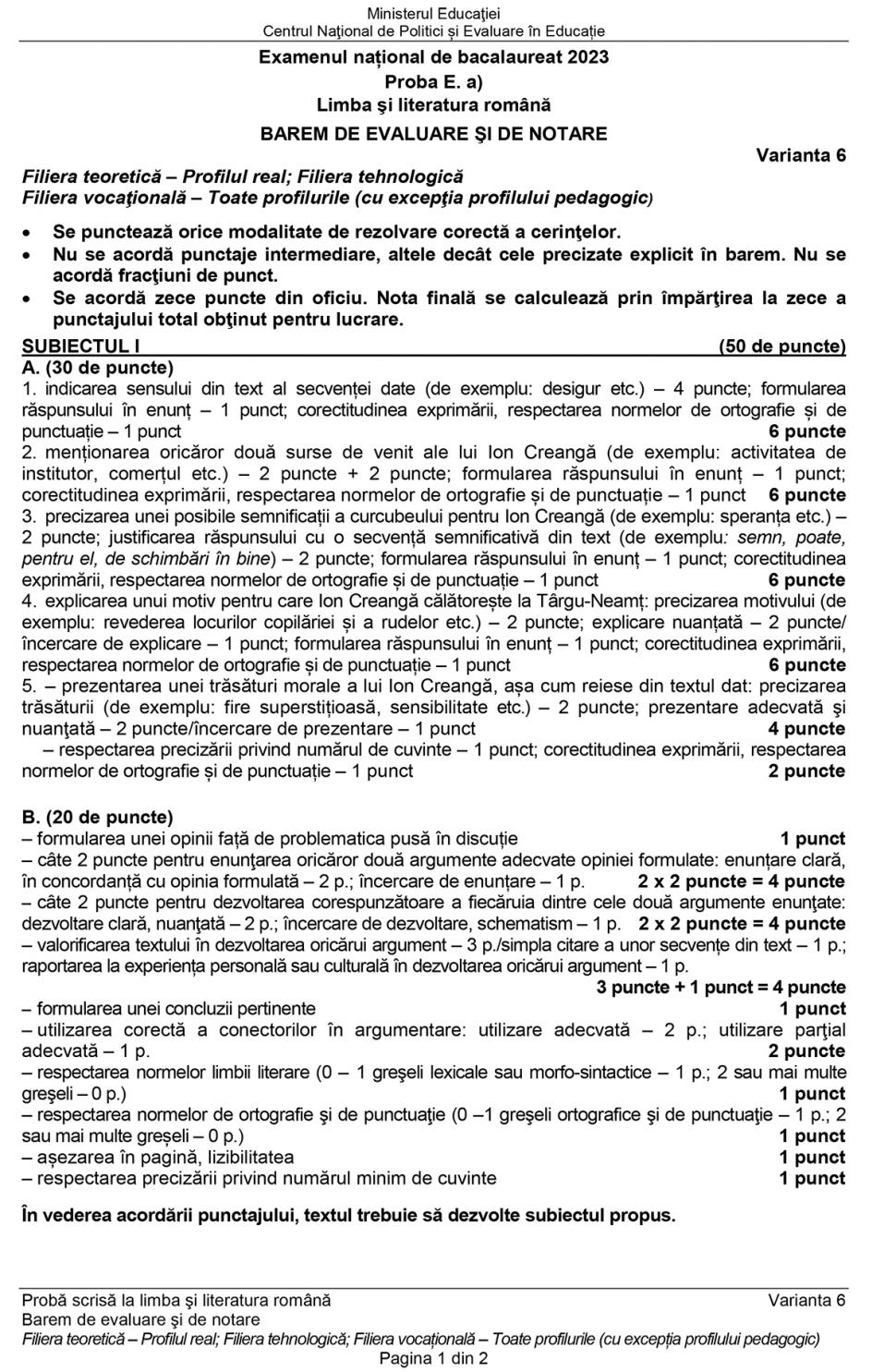 Baremul de corectare pentru proba de Limba română de la Bacalaureat 2023, publicat oficial 842683