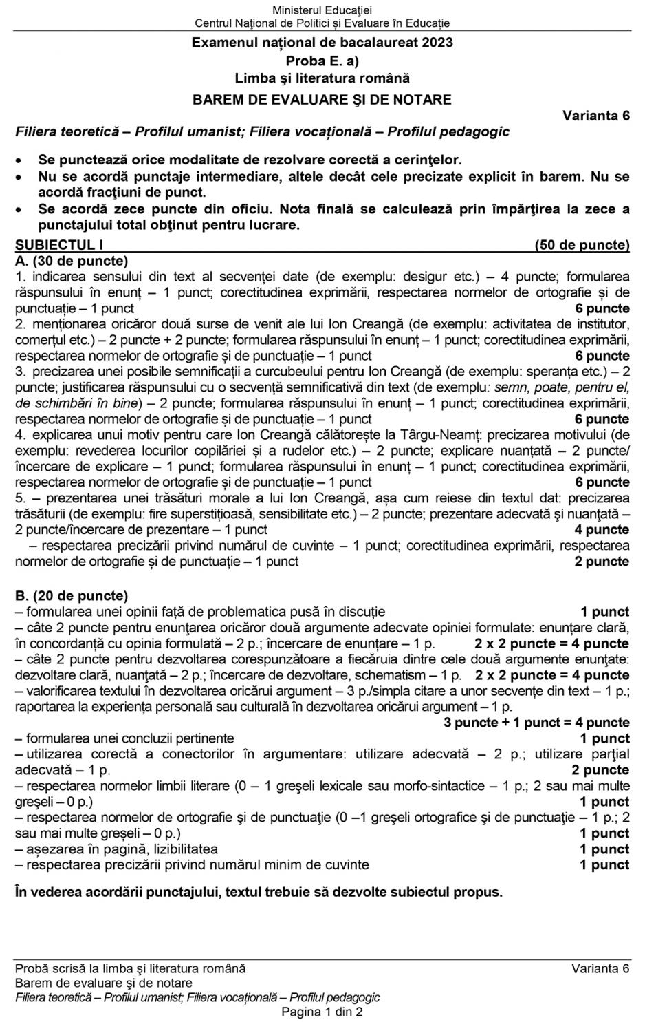 Baremul de corectare pentru proba de Limba română de la Bacalaureat 2023, publicat oficial 842686