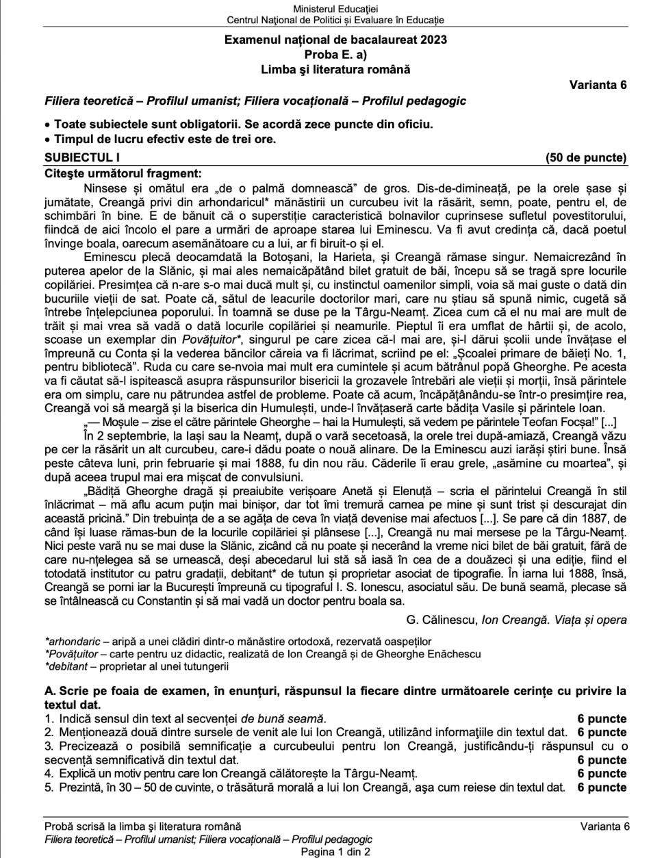 Subiectele la Limba română de la Bacalaureat 2023, profil uman, au fost publicate 842692