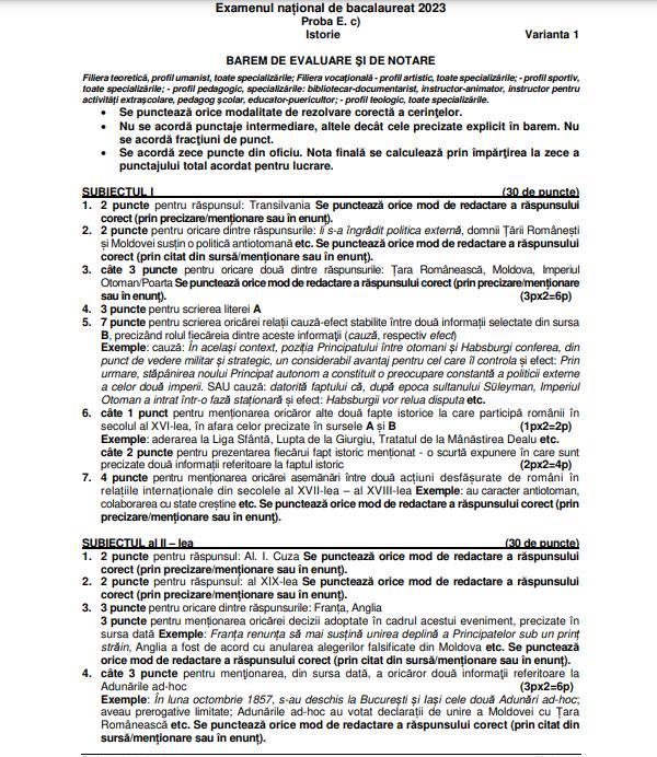 Baremul de corectare pentru proba de Istorie de la Bacalaureat 2023, publicat oficial 842968