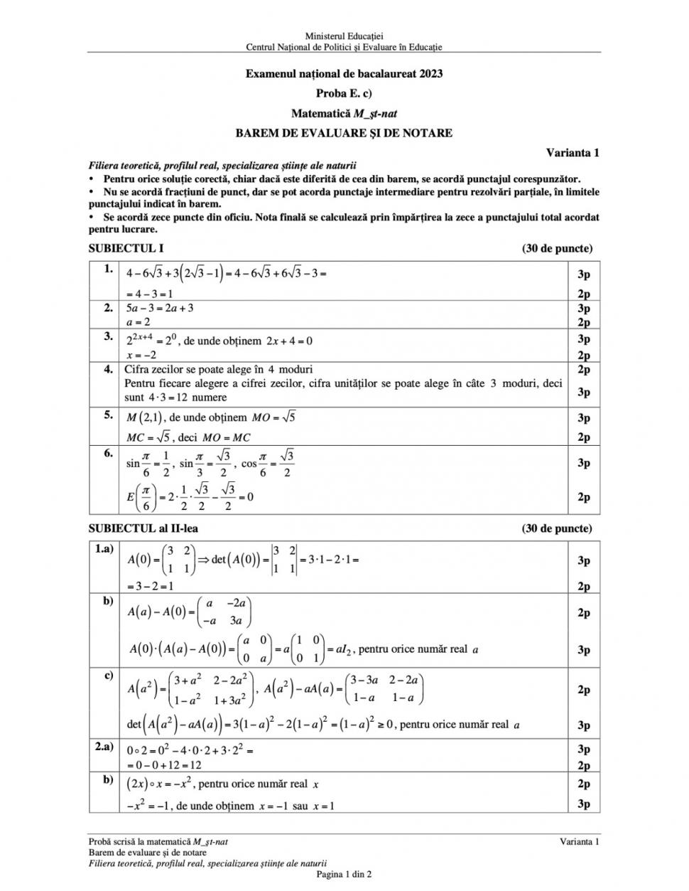Baremul de corectare pentru proba la Matematică de la Bacalaureat 2023, publicat oficial 842975
