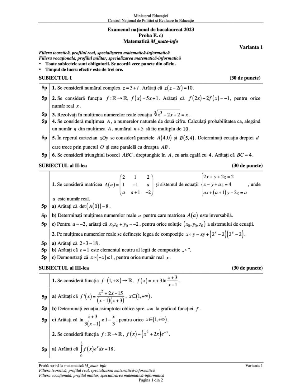 Subiectele la Matematică de la Bacalaureat 2023, profil mate-info, au fost publicate 842988