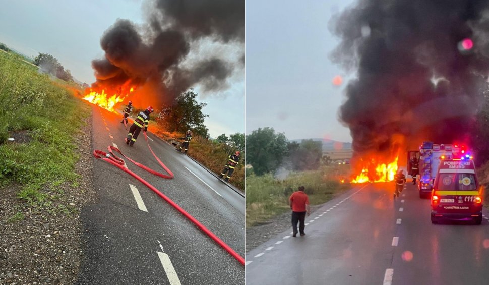 Un autobuz plin cu pasageri a luat foc pe șosea, în Dulcești, județul Neamț! De la ce a pornit incendiul
