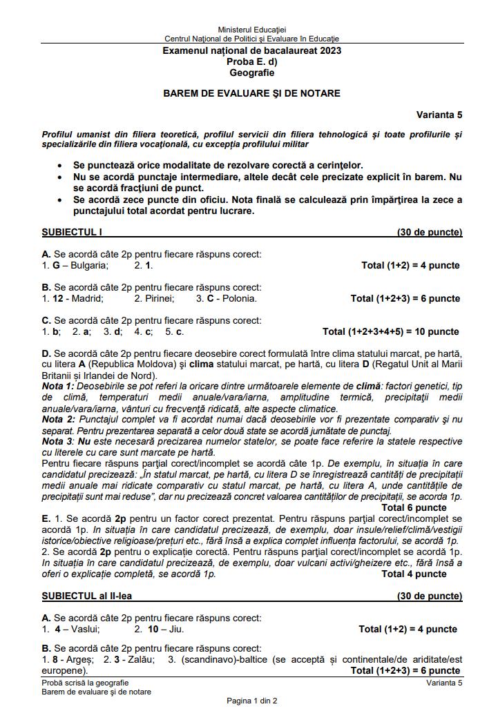 Baremul de corectare pentru proba la Geografie de la Bacalaureat 2023, publicat oficial 843243
