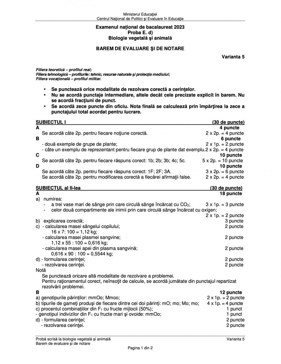 Baremul de corectare pentru proba la Biologie de la Bacalaureat 2023, publicat oficial 843252