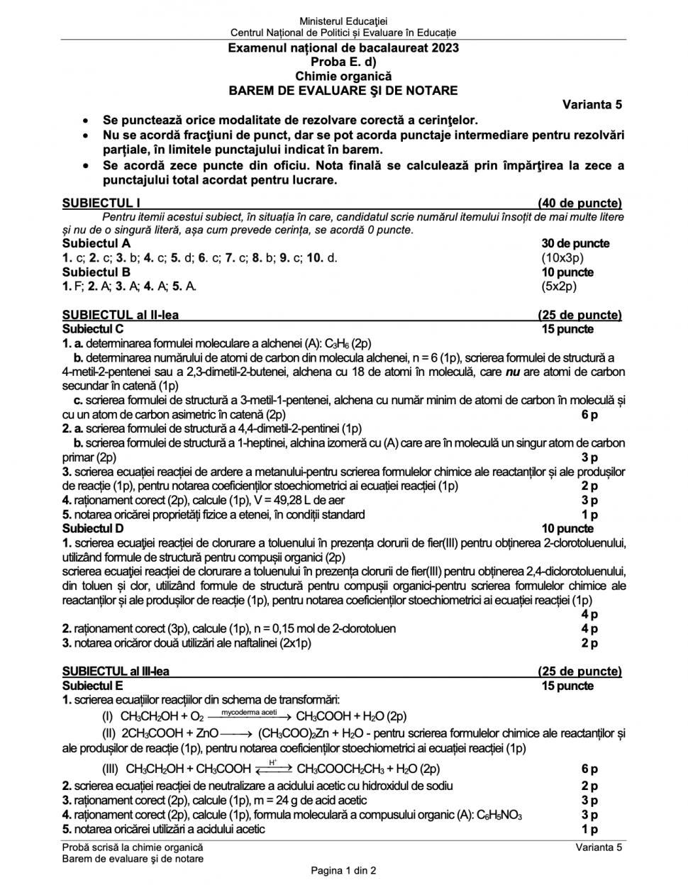 Baremul de corectare pentru proba la Chimie de la Bacalaureat 2023, publicat oficial 843251