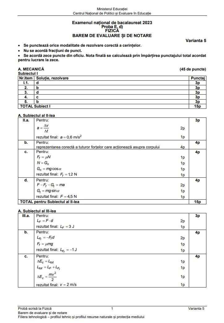Baremul de corectare pentru proba la Fizică de la Bacalaureat 2023, publicat oficial 843225