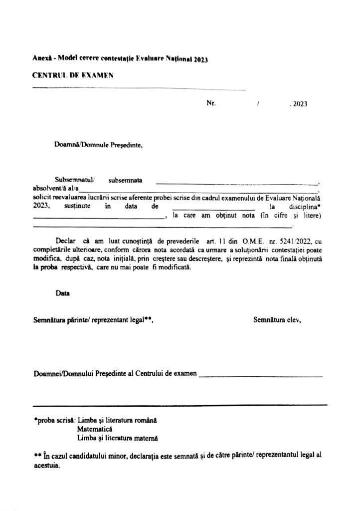 Model de cerere pentru contestaţie la Evaluarea Naţională 2023. Cum se pot depune  843151