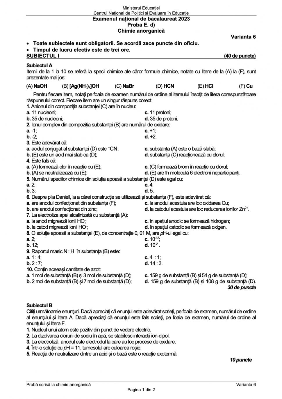 Subiectele la Chimie de la Bacalaureat 2023 au fost publicate 843237