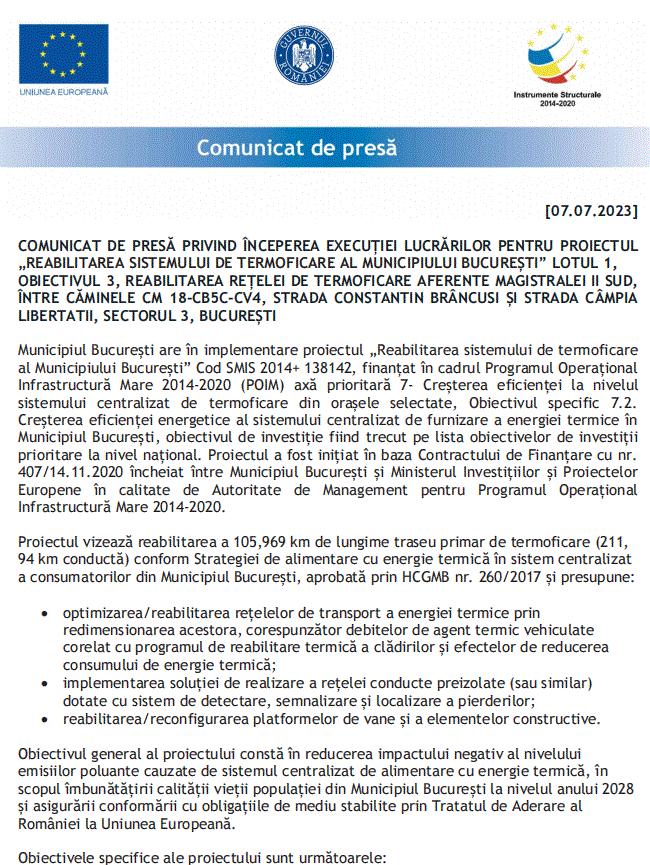 Comunicat de presă privind începerea executării lucrărilor pentru proiectul "Reabilitarea sistemului de termoficare al Municipiului București" lotul 1, obiectivul 3 (P) 845191