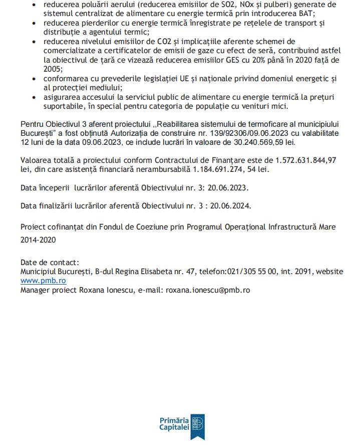 Comunicat de presă privind începerea executării lucrărilor pentru proiectul "Reabilitarea sistemului de termoficare al Municipiului București" lotul 1, obiectivul 3 (P) 845192