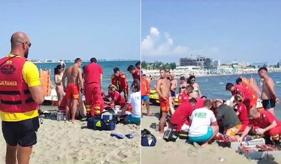 Momentul în care un bărbat este scos inconștient din mare și resuscitat de echipajul SMURD, la Mamaia 