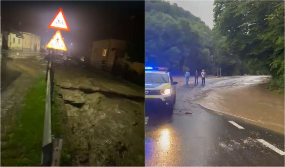 Șosea blocată de aluviuni în județul Brașov. Circulația mașinilor este întreruptă, 25 de gospodării sunt inundate