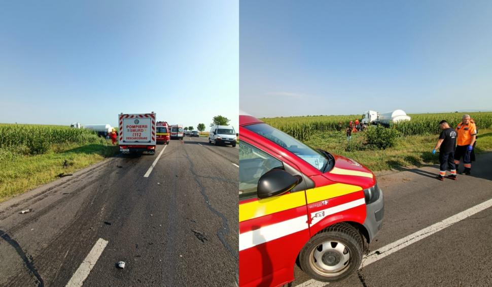 Accident grav pe drumul european E85. Un autoturism a fost strivit de o autocisternă. O persoană a decedat 845813