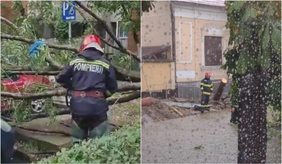 Imagini cu urgia care a lovit vestul țării: Peste 80 de apeluri la ISU, copaci căzuți peste mașini și străzi inundate