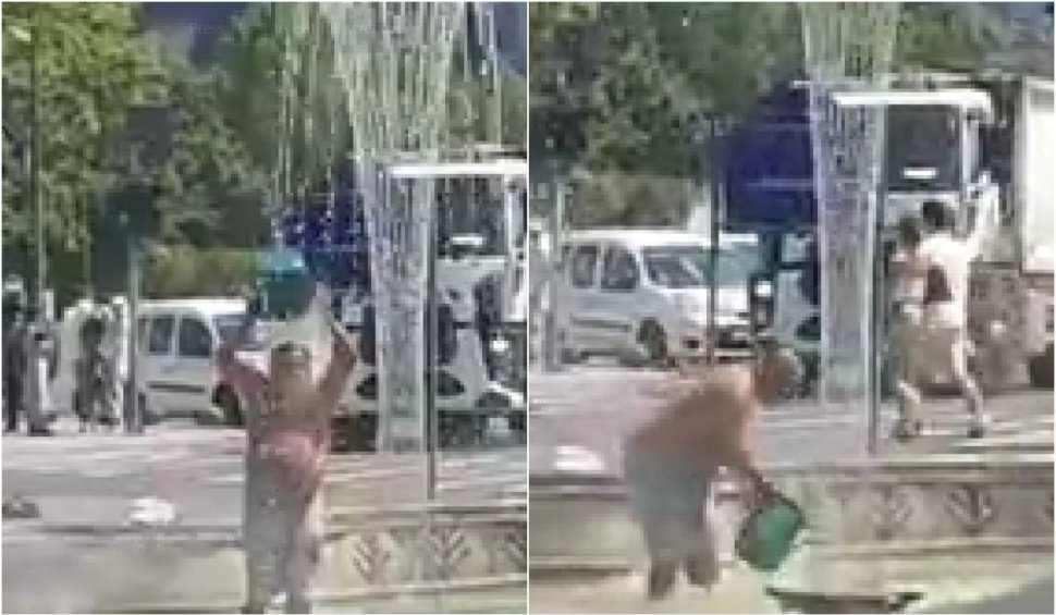 Momentul în care un bărbat s-a dezbrăcat și făcut baie în fântânile din Piața Unirii, în București. Omul n-a mai suportat căldura