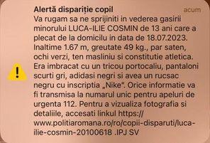 Alertă dispariţie copil! Cosmin, un băiat de 13 ani, a plecat de acasă şi nu s-a mai întors. Dacă îl vedeţi, sunaţi la 112! 847546