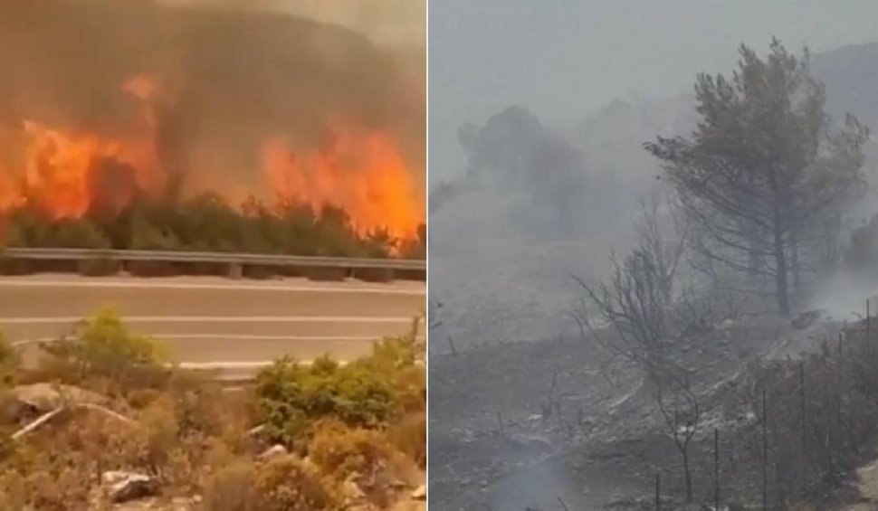 Imagini cu infernul din Rhodos: Zonele afectate de incendii au rămas pustii. Zeci de pompieri români se luptă să stingă flăcările