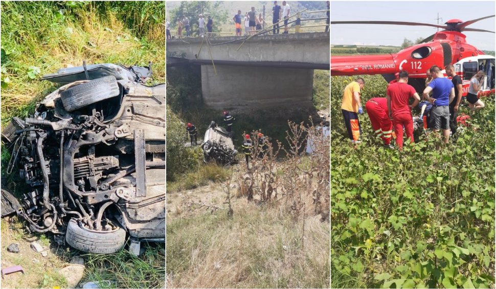 O mașină s-a prăbușit de pe un pod într-o râpă, în localitatea Bohotin din județul Iași. Elicopterul SMURD, trimis la fața locului