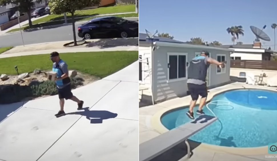 Momentul în care un curier copleșit de caniculă se aruncă, îmbrăcat, în piscina unui client. A devenit viral pe internet