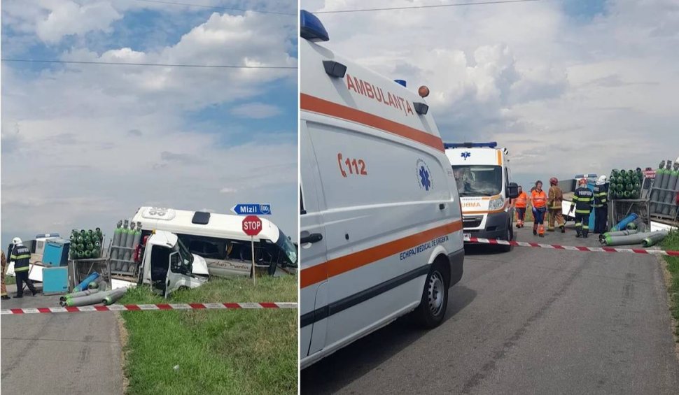 Trei persoane rănite, după un accident între un microbuz și o autoutilitară încărcată cu butelii, în Prahova
