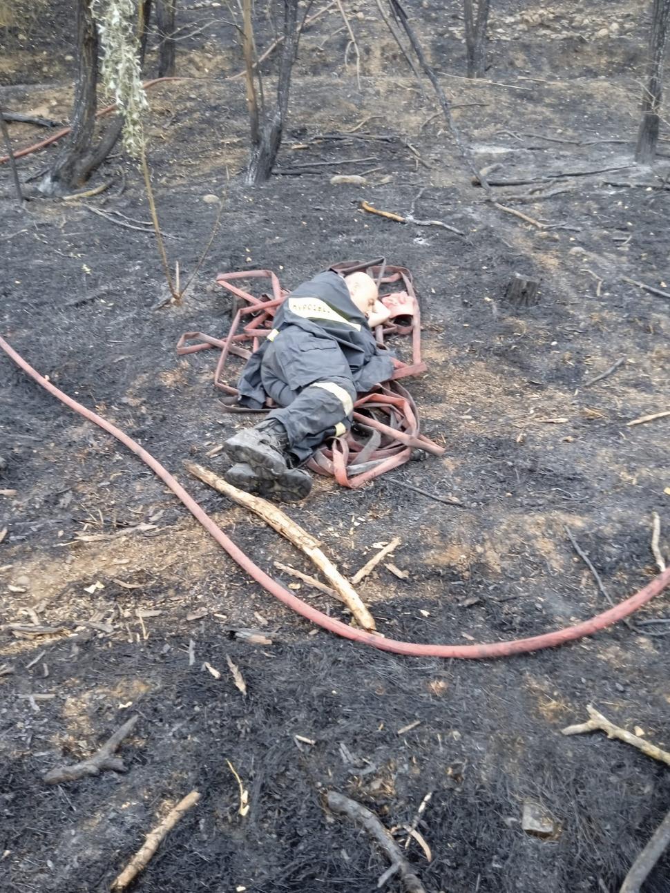 Imaginea emoționantă cu un pompier grec extenuat, așezat pe furtunul cu care stinge incendiile: "După o luptă peste noapte cu flăcările" 850871