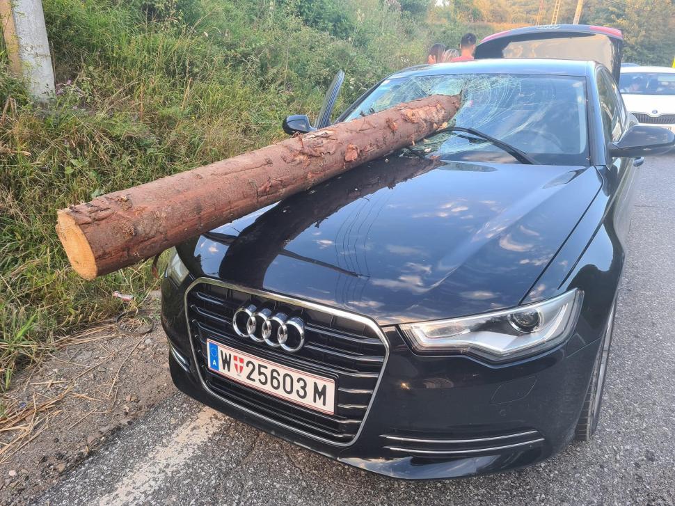 Un buștean dintr-un TIR a străpuns parbrizul unei mașini în mers, pe DN 10, în Brașov 852111