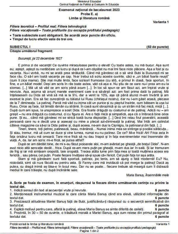 Baremul de corectare pentru proba de Limba română de la Bacalaureat 2023, sesiunea de toamnă, publicat oficial pe edu.ro 852411